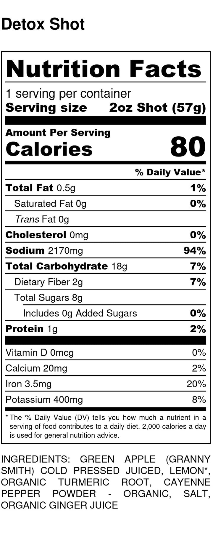 Detox Shot Nutrition Label