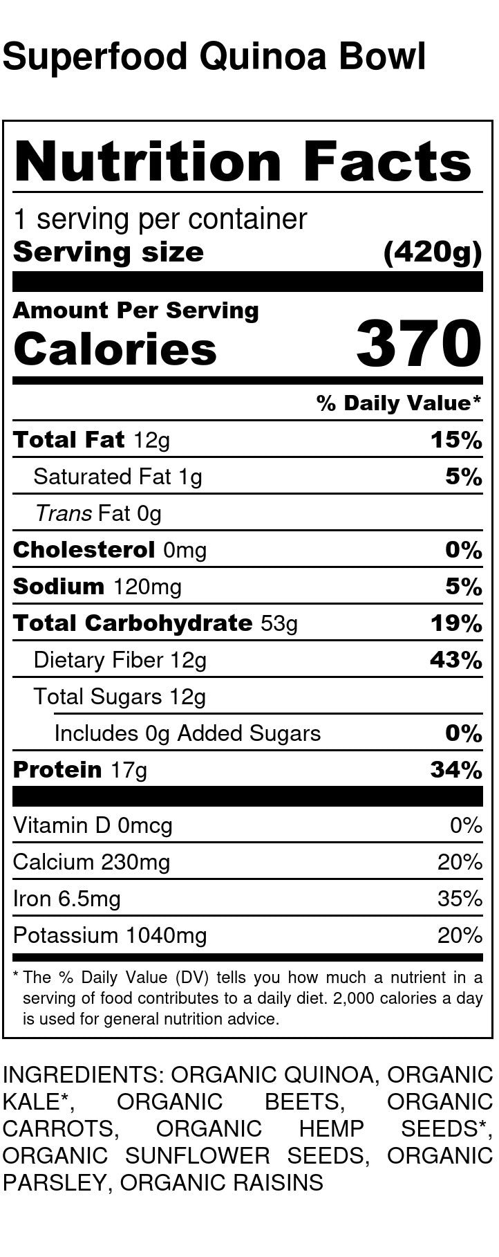 Superfood Quinoa Bowl Nutrition Facts